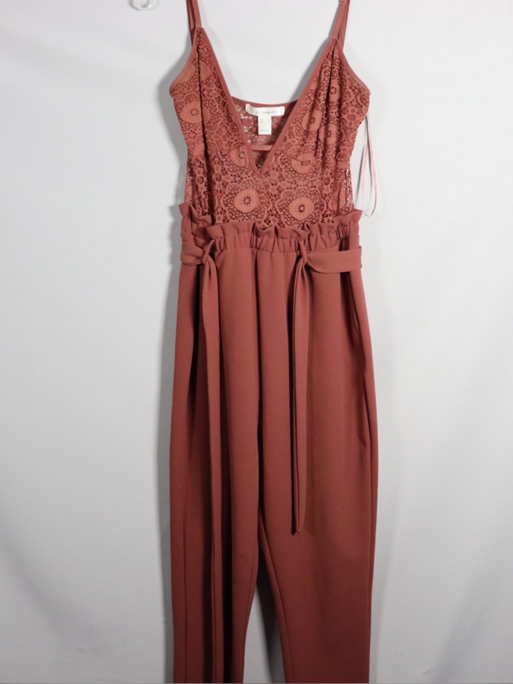 ReVamped Rust Lace Jumpsuit Women’s Small Wide Leg Belted Romper - Picture 2 of 9